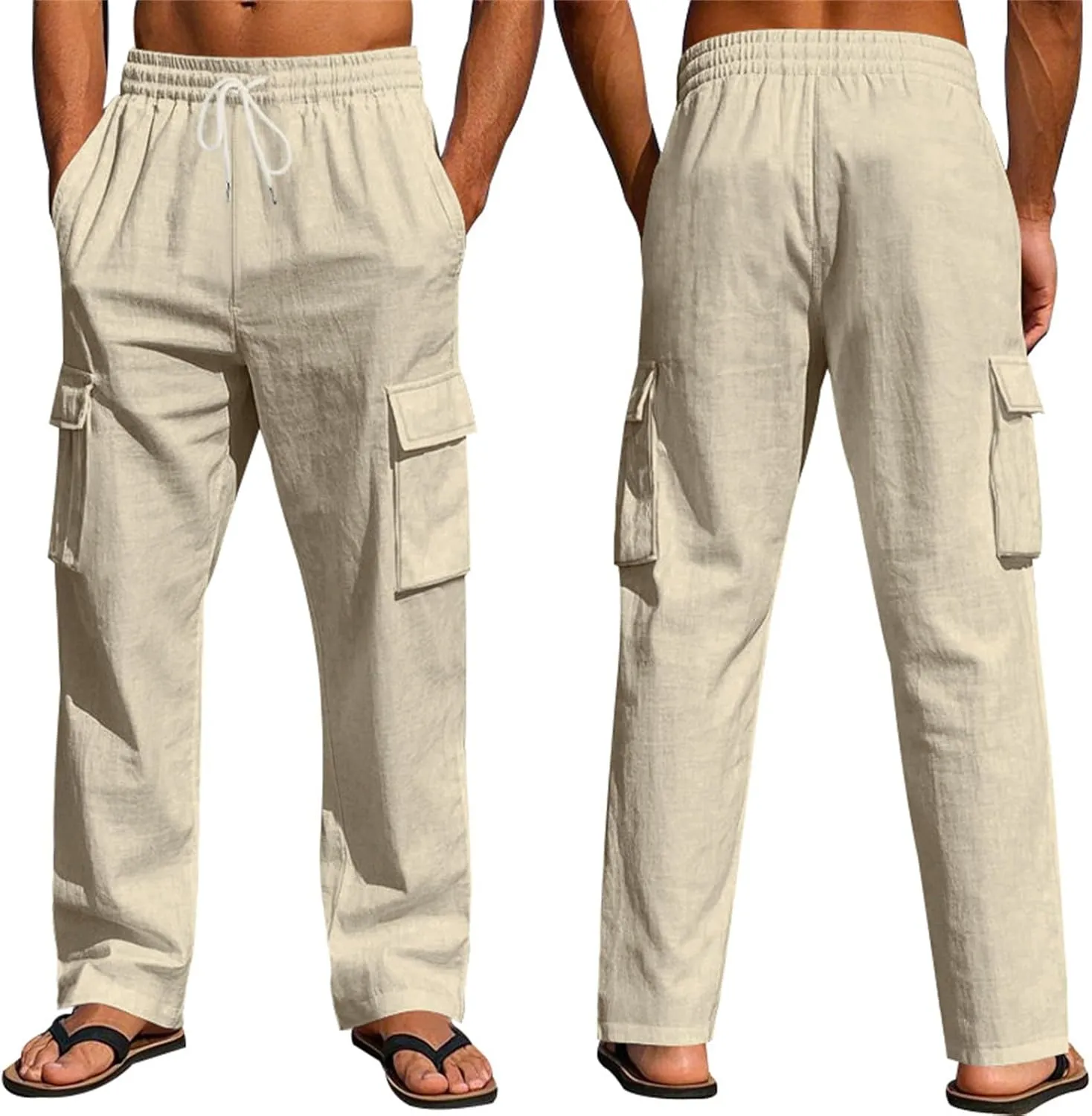 2025 Men's Linen Cargo Pants Multi-Pocket Loose Casual Wide Leg Pants