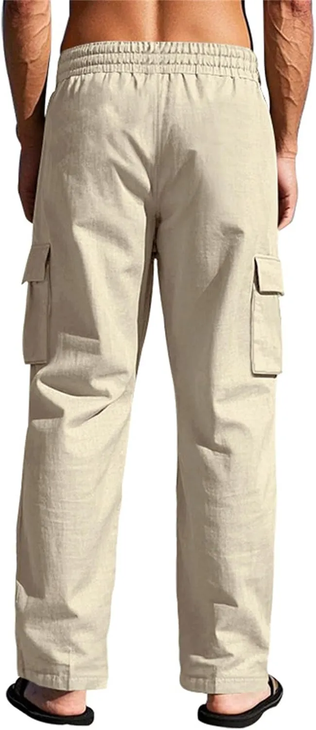 2025 Men's Linen Cargo Pants Multi-Pocket Loose Casual Wide Leg Pants