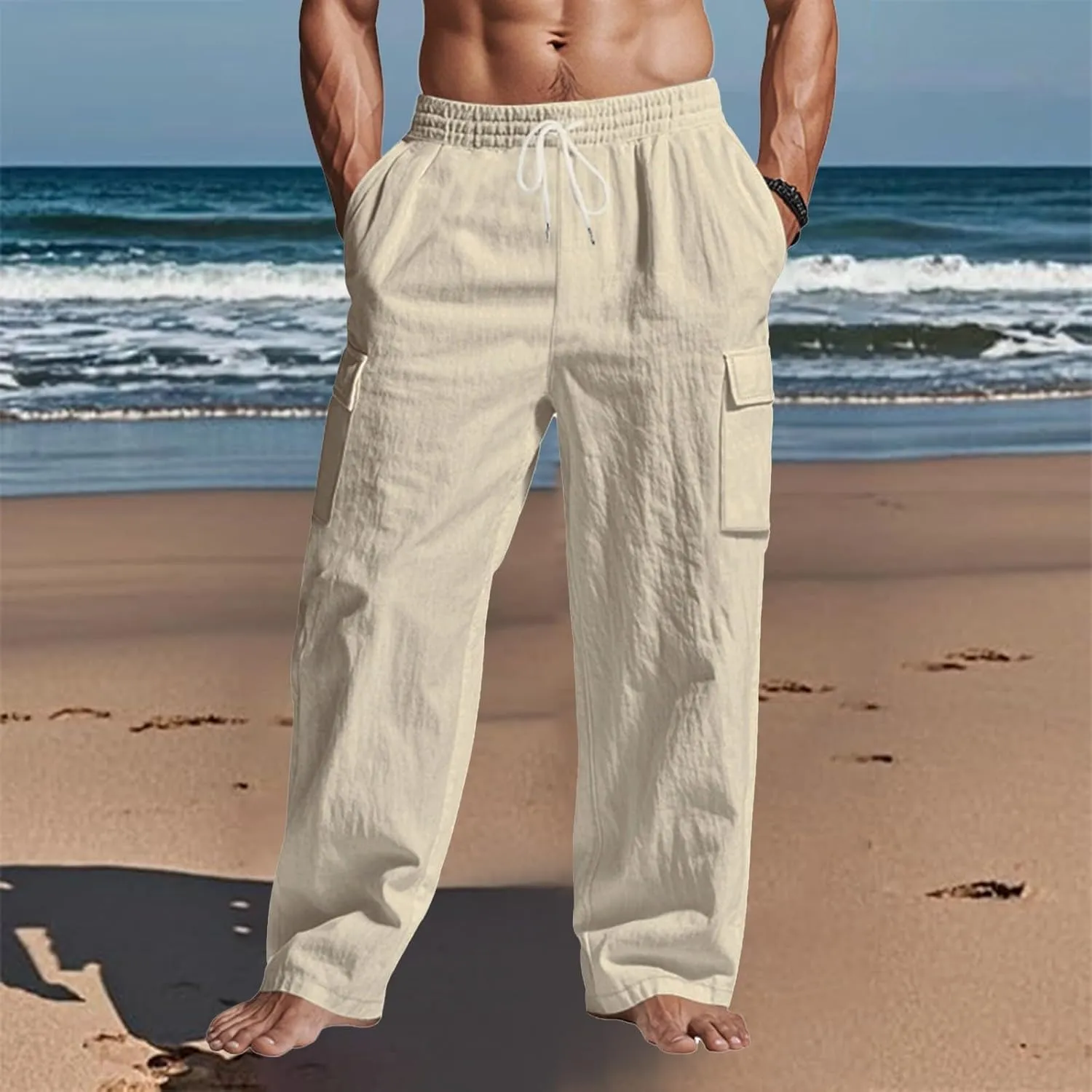 2025 Men's Linen Cargo Pants Multi-Pocket Loose Casual Wide Leg Pants