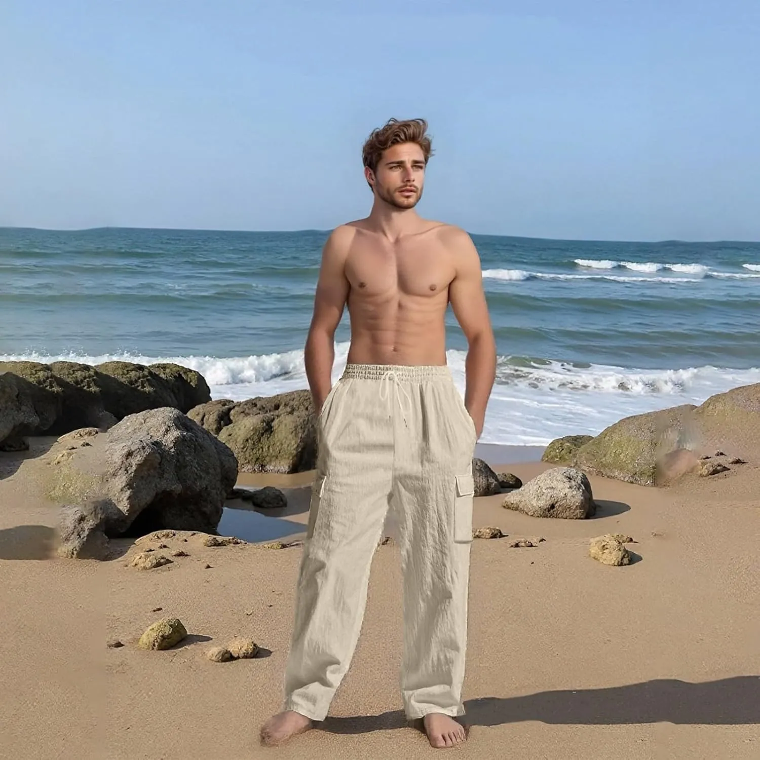 2025 Men's Linen Cargo Pants Multi-Pocket Loose Casual Wide Leg Pants