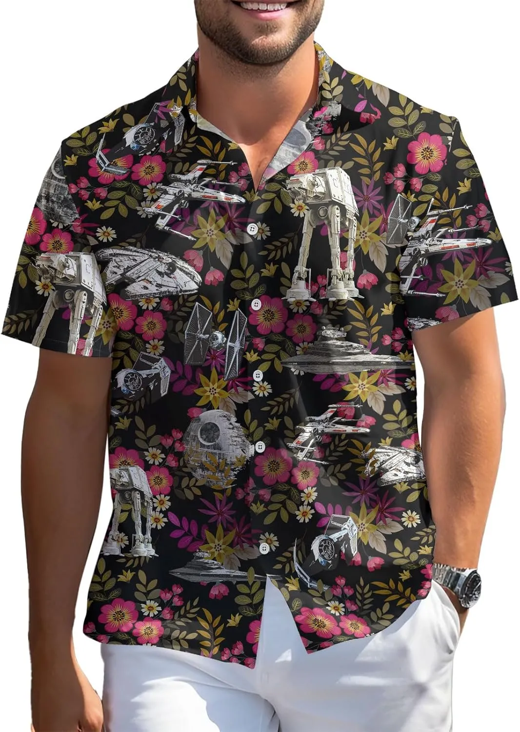 99TIMORO Wars Movie Hawaiian Shirt, Space Button Short Sleeve Top, Warship Themed