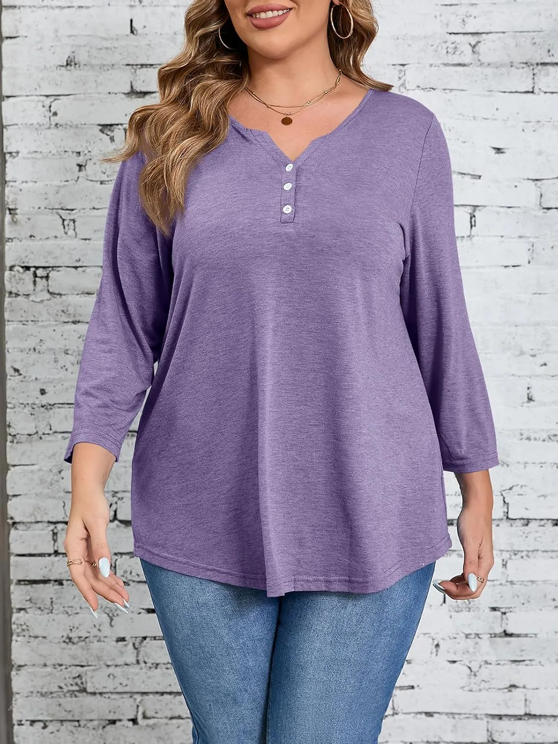 Beautife Womens Plus Size T-Shirts V Neck 3/4 Sleeve Tops Fall Henley Shirts Casual Basic Loose Fit Blouses