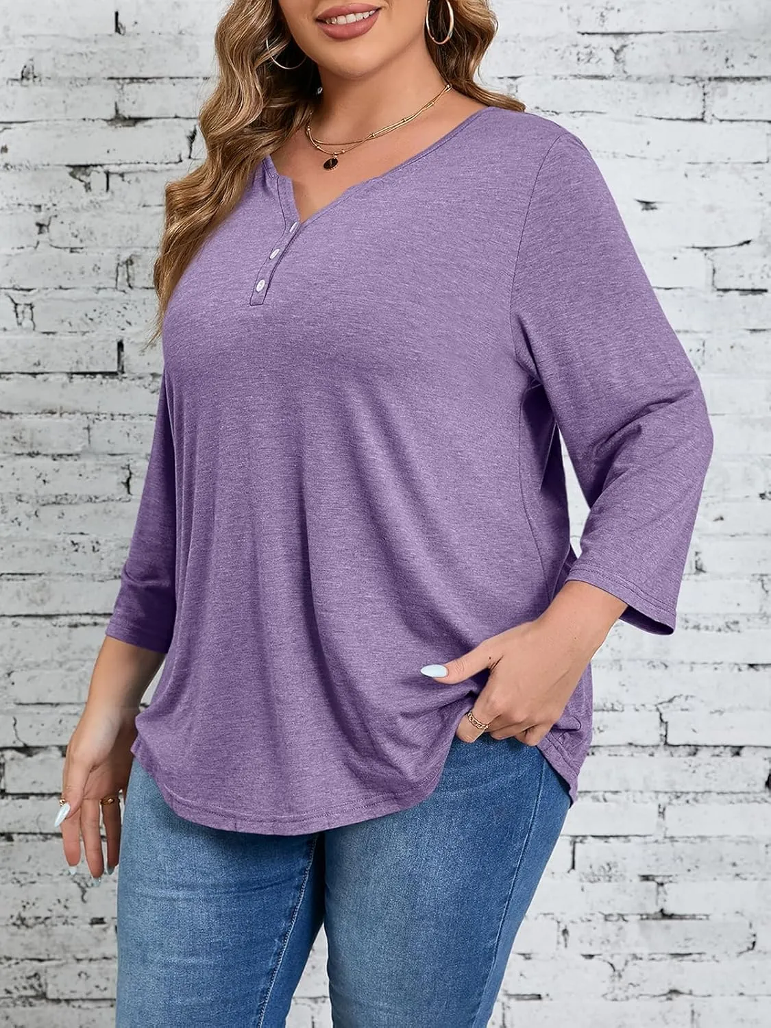Beautife Womens Plus Size T-Shirts V Neck 3/4 Sleeve Tops Fall Henley Shirts Casual Basic Loose Fit Blouses