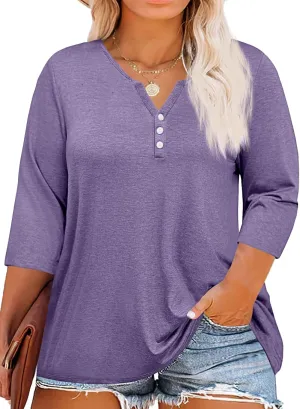 Beautife Womens Plus Size T-Shirts V Neck 3/4 Sleeve Tops Fall Henley Shirts Casual Basic Loose Fit Blouses
