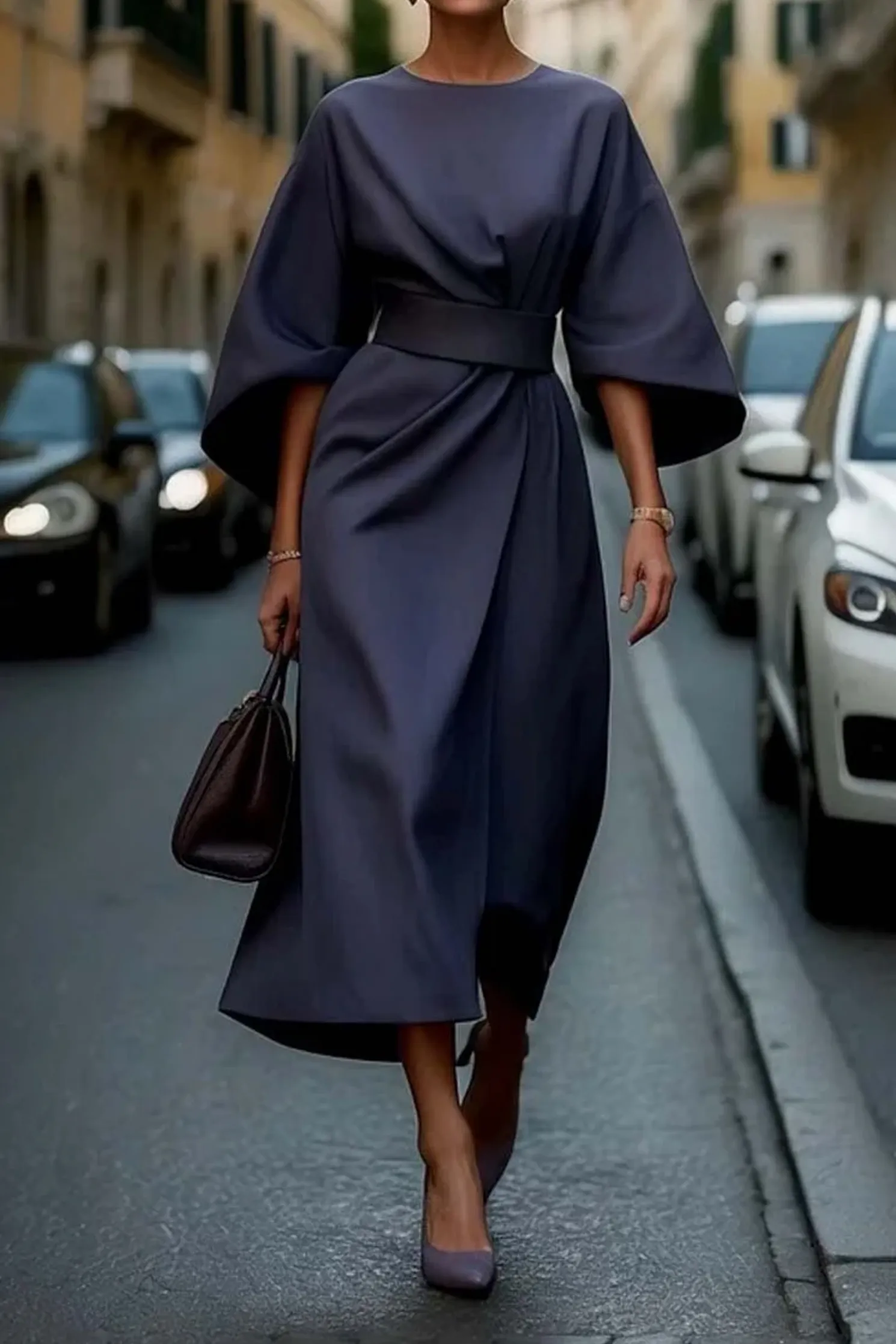 Cadhla - Elegant Dress with Puff Sleeves and a Belt