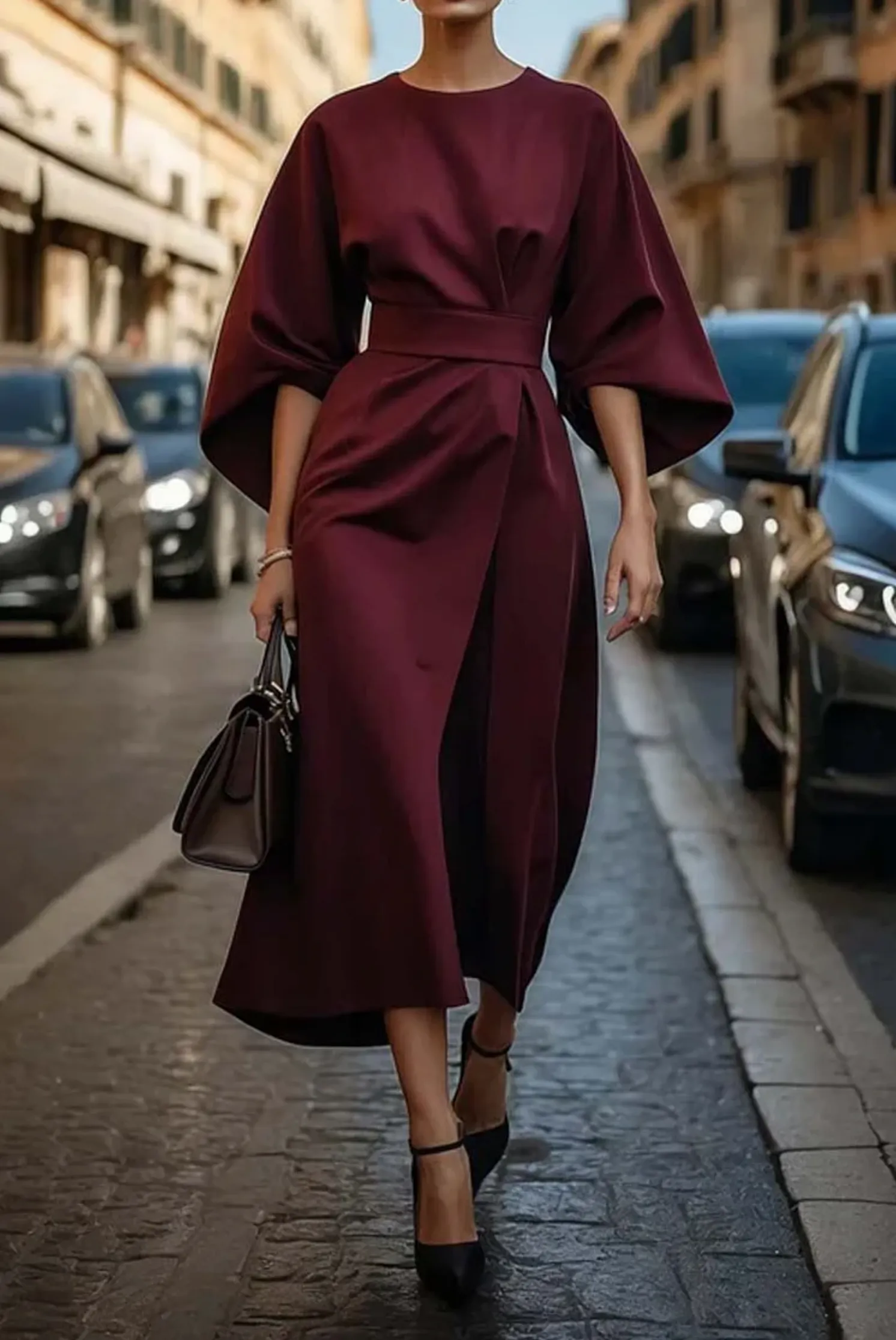 Cadhla - Elegant Dress with Puff Sleeves and a Belt