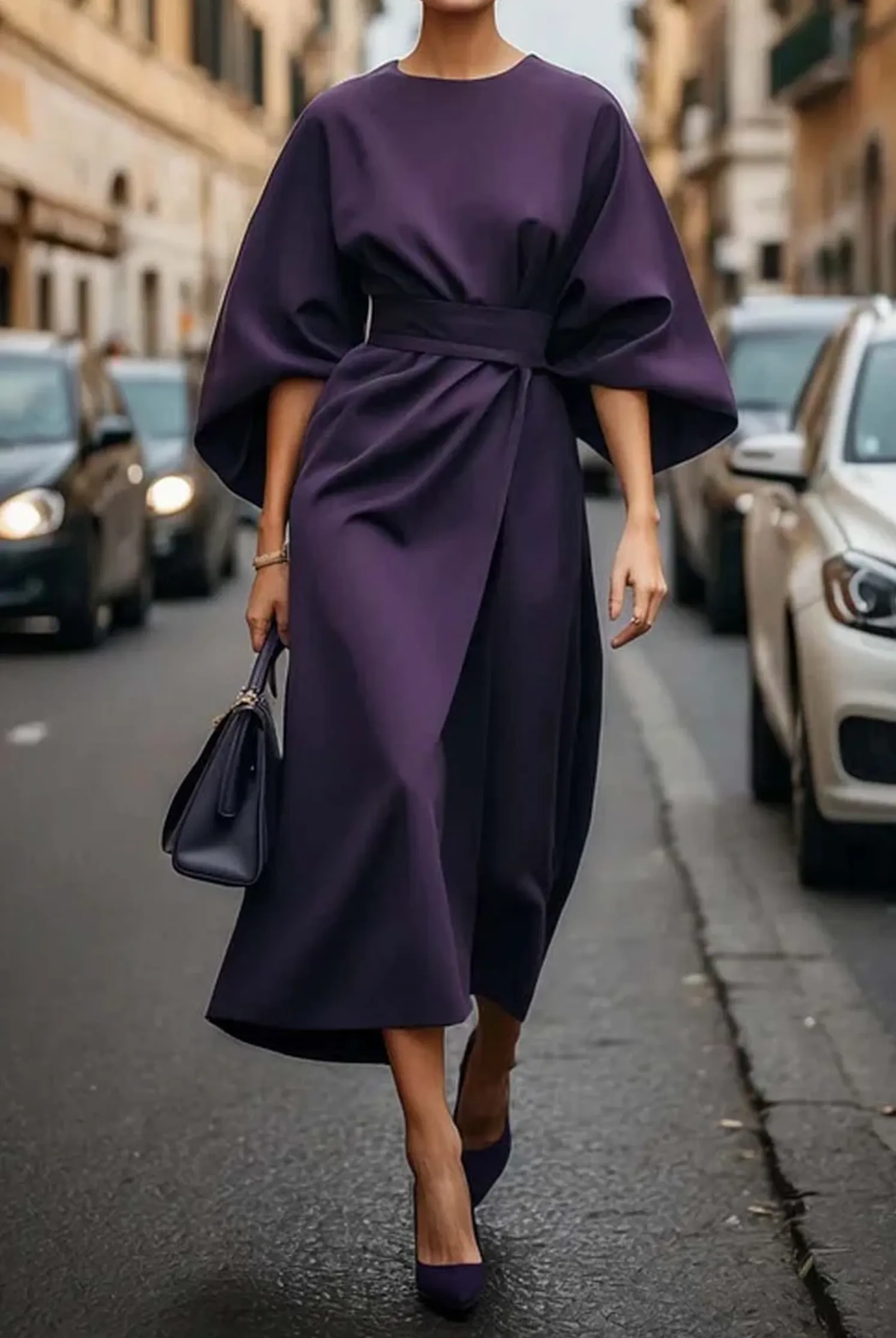 Cadhla - Elegant Dress with Puff Sleeves and a Belt
