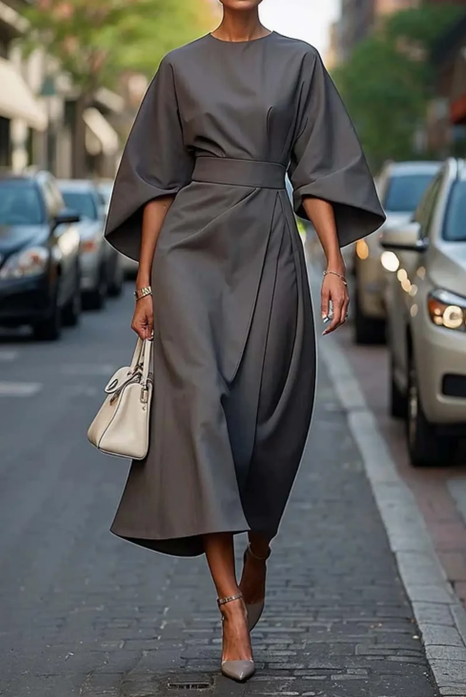 Cadhla - Elegant Dress with Puff Sleeves and a Belt
