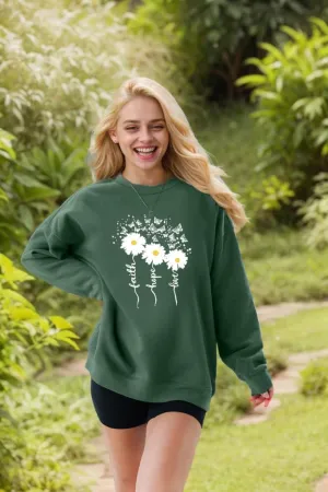Christian Sweatshirts For Women Oversize Faith-Hope-Love Daisy Graphic Pullover Top Casual Loose Fit Tops
