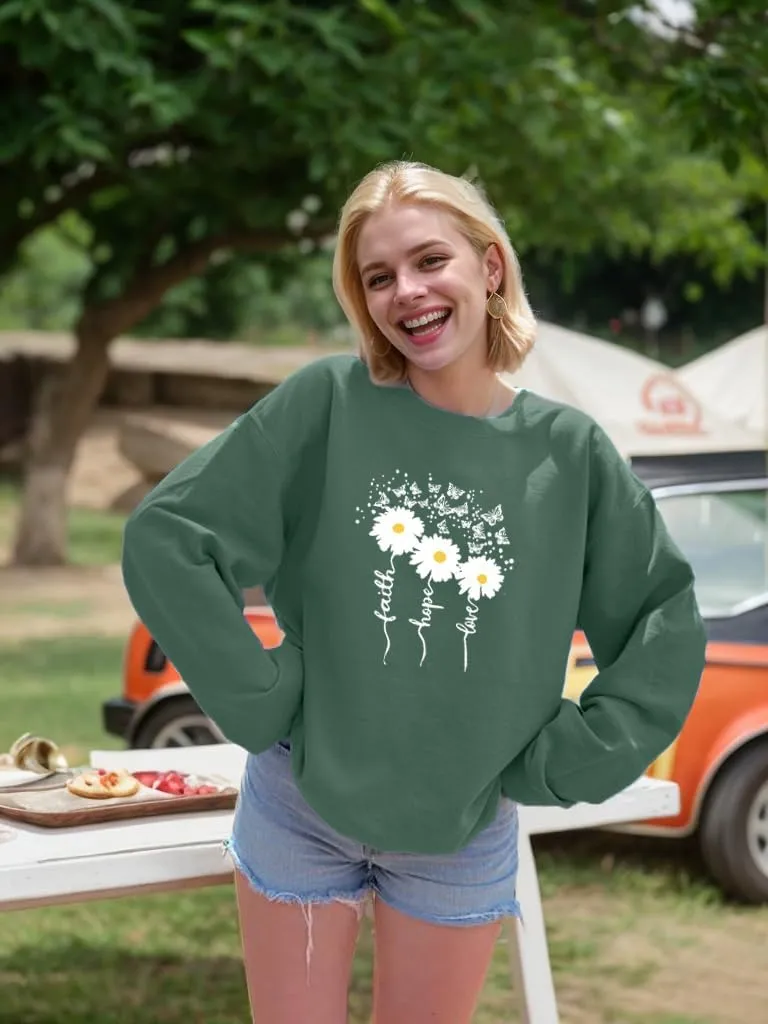 Christian Sweatshirts For Women Oversize Faith-Hope-Love Daisy Graphic Pullover Top Casual Loose Fit Tops
