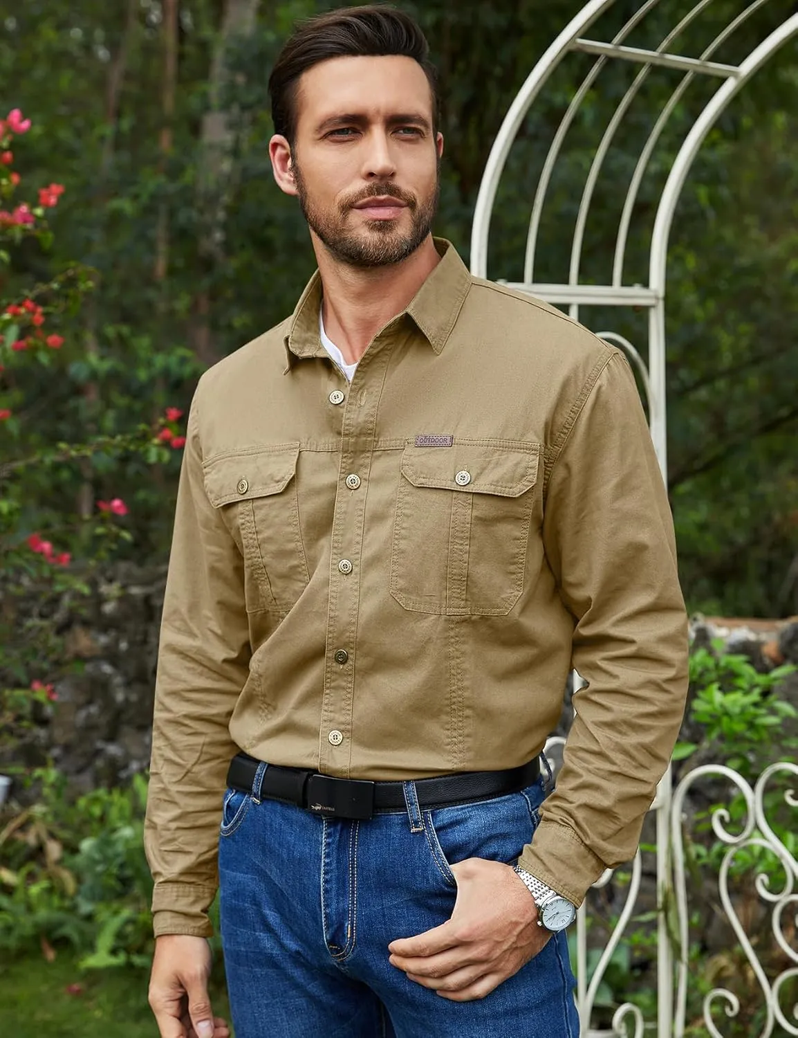 Eisctnd Men's Long Sleeve Cotton Work Shirt Casual Loose Fit Button Down Shirts with 2-Pocket for Outdoor Safari