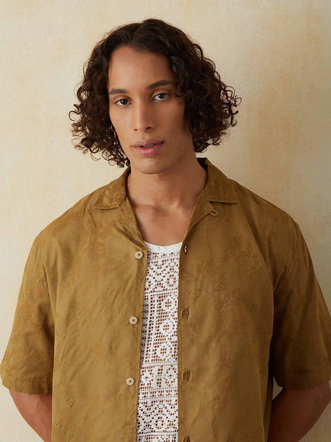 Khaki Printed Camp Collar Resort Shirt