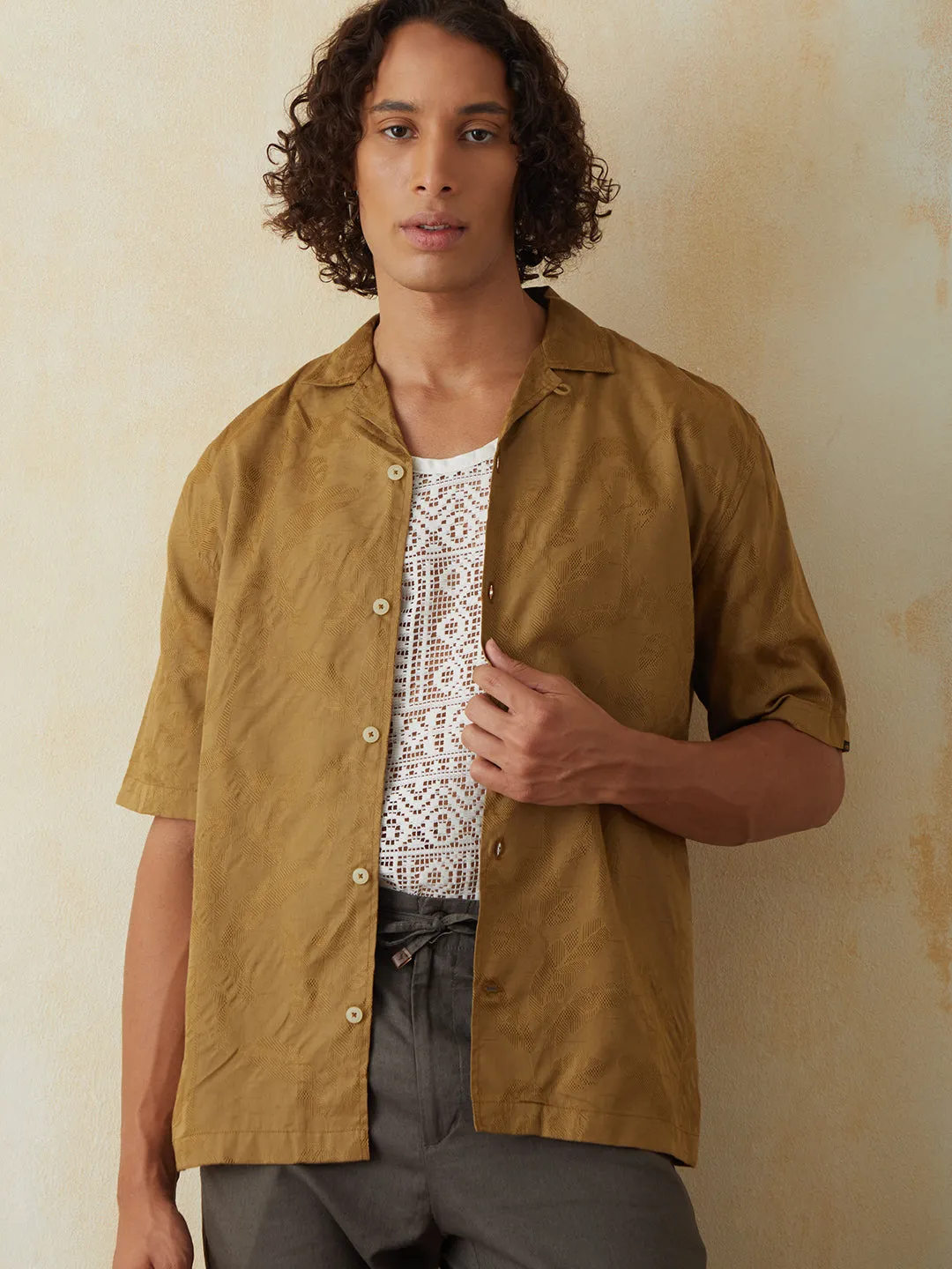 Khaki Printed Camp Collar Resort Shirt