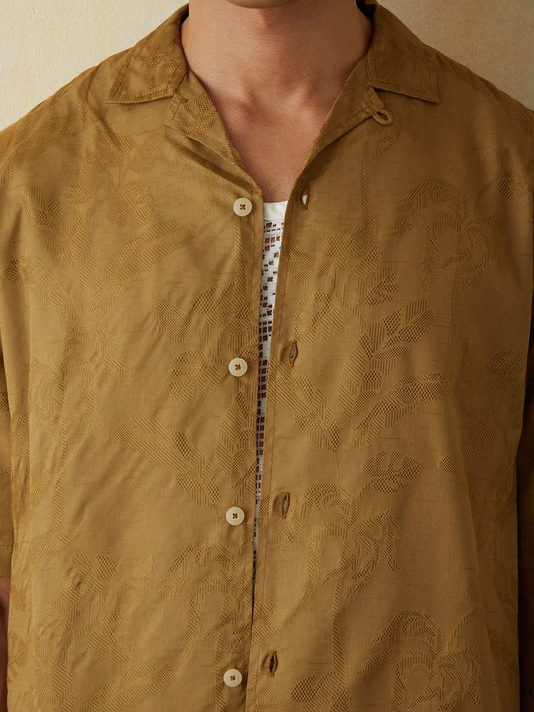 Khaki Printed Camp Collar Resort Shirt