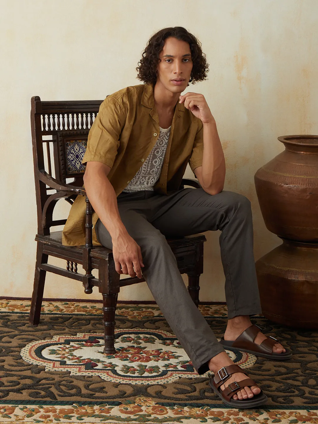 Khaki Printed Camp Collar Resort Shirt
