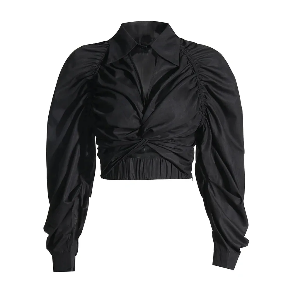 Korean Elegant Sexy Shirt For Women Lapel Long Sleeve Solid Minimalsit Cut Out Blouses Female Autumn Clothing