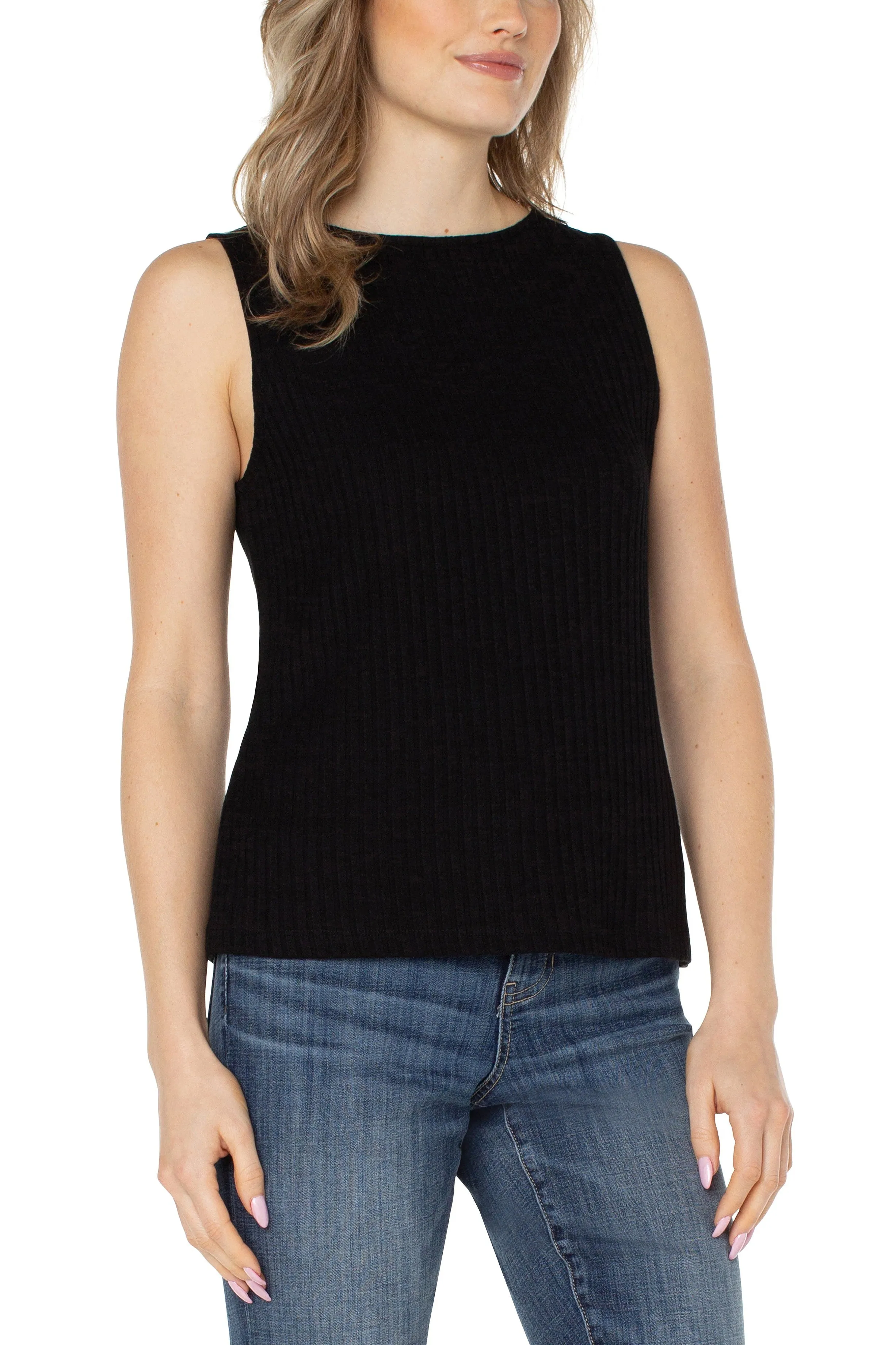 Liverpool Sleeveless Boat Neck Rib Knit Top In Black