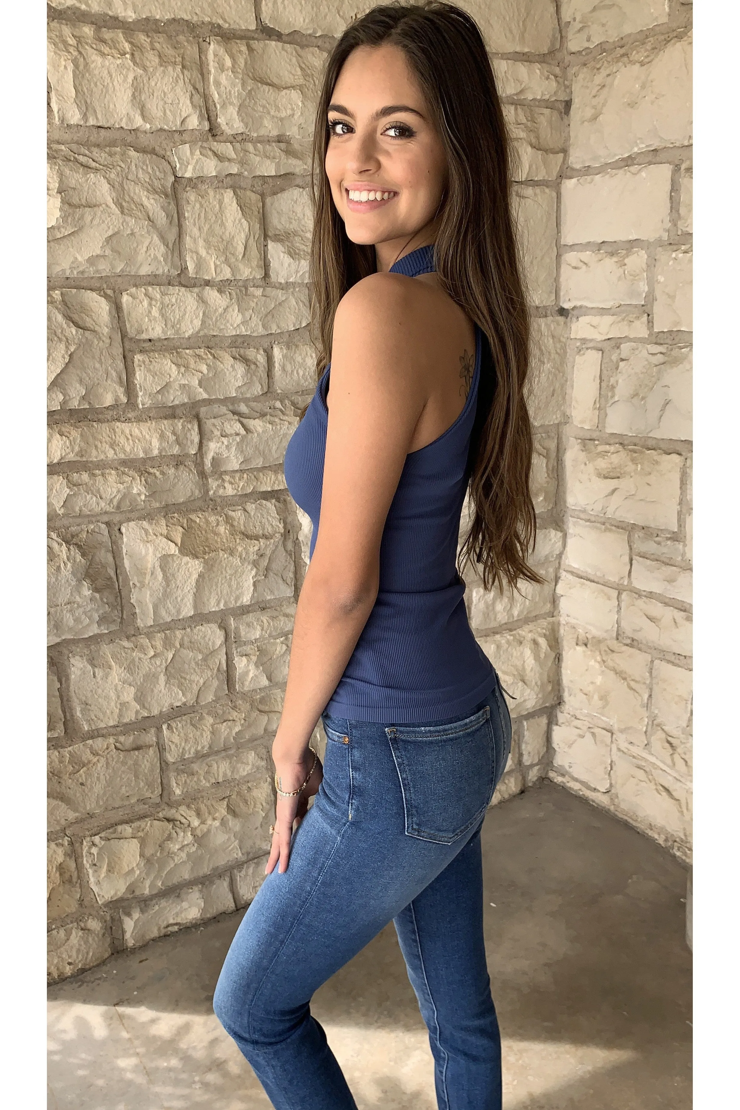 Scala Seamless Ribbed Sleeveless Turtleneck With Built In Bra In Midnight Blue