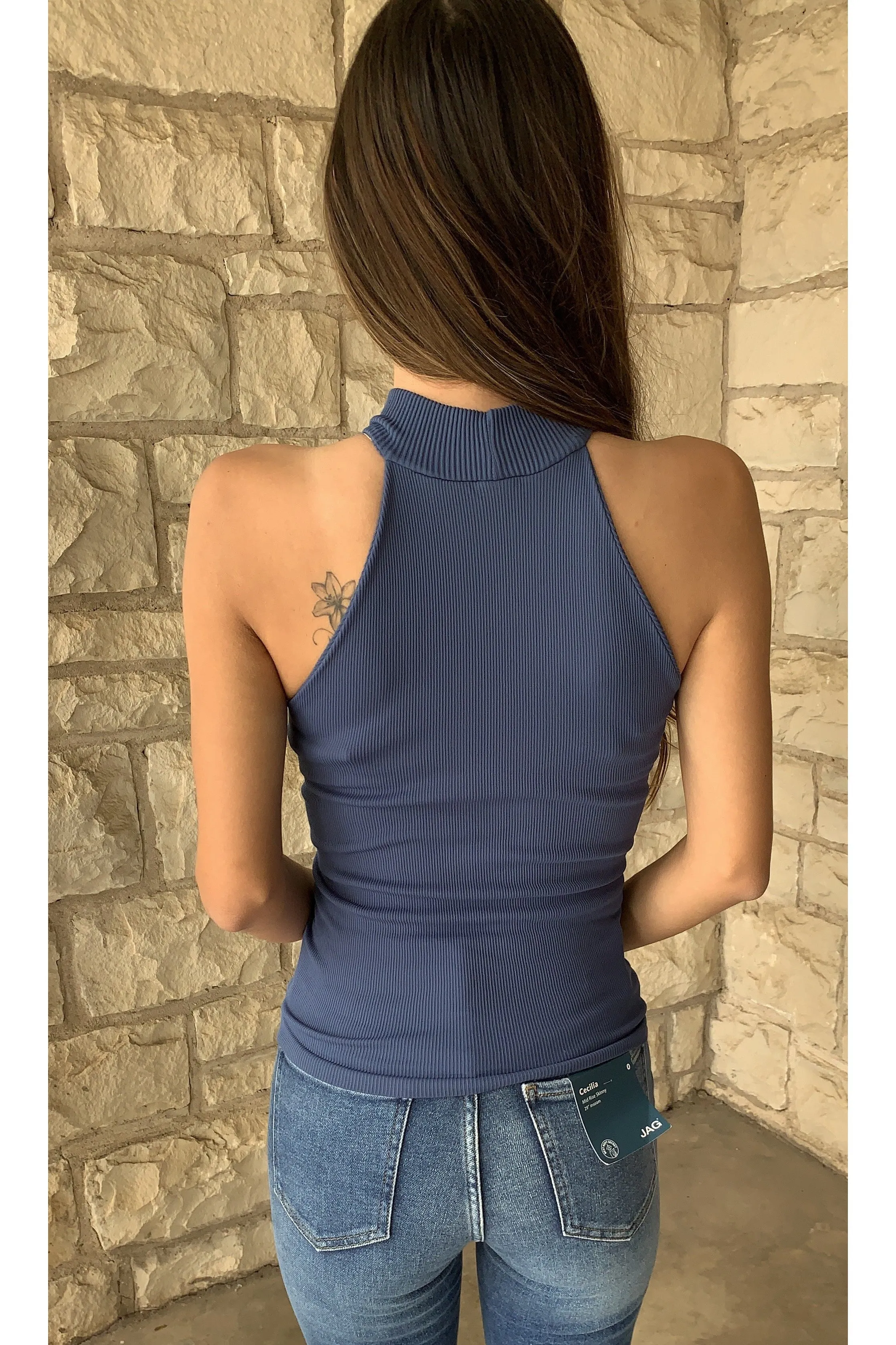 Scala Seamless Ribbed Sleeveless Turtleneck With Built In Bra In Midnight Blue