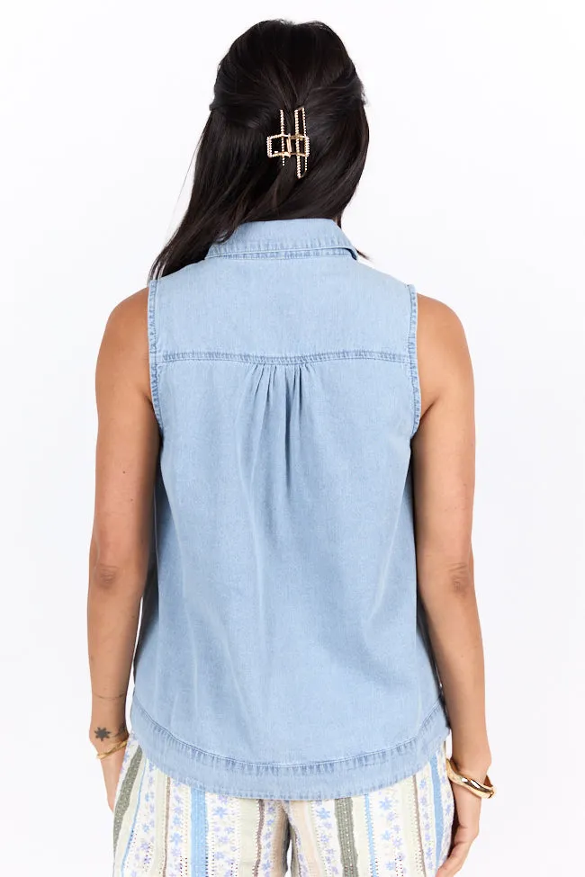 Smooth Sailing Light Wash Sleeveless Collared Chambray Tank