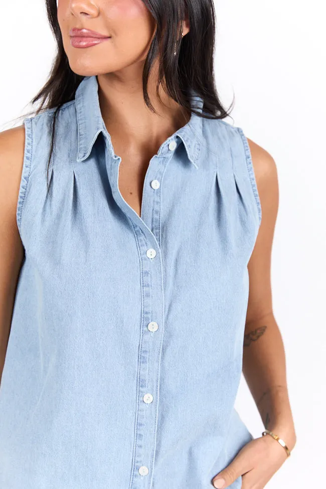 Smooth Sailing Light Wash Sleeveless Collared Chambray Tank