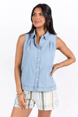 Smooth Sailing Light Wash Sleeveless Collared Chambray Tank