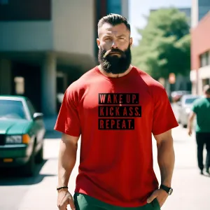 Wake Up Kickass Repeat - Red - Gym Oversized T Shirt