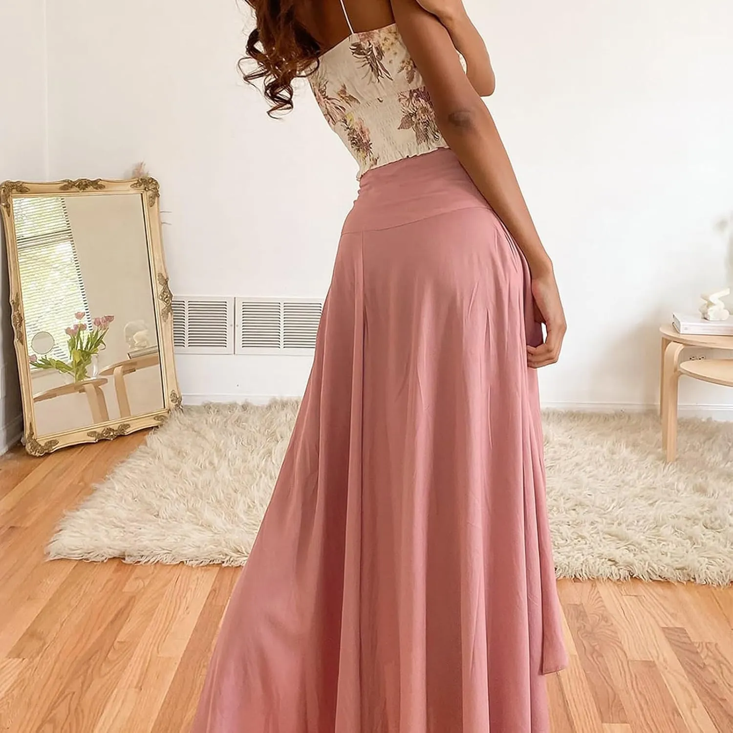 Womens High Wait Flounce Midi Long Skirt, Hem Split A-Line Maxi Skirt