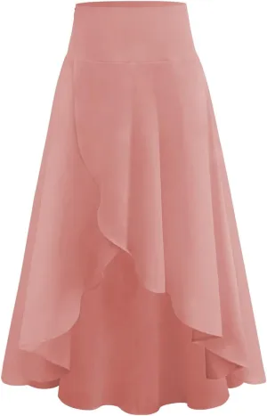 Womens High Wait Flounce Midi Long Skirt, Hem Split A-Line Maxi Skirt