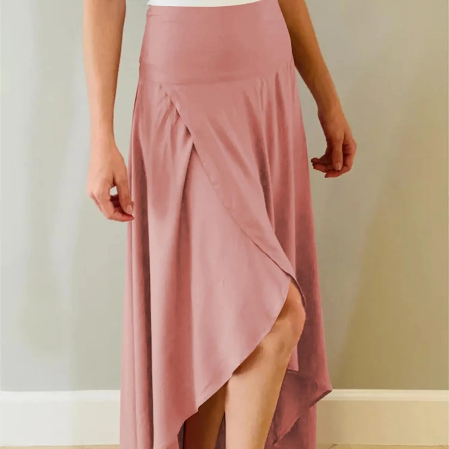 Womens High Wait Flounce Midi Long Skirt, Hem Split A-Line Maxi Skirt