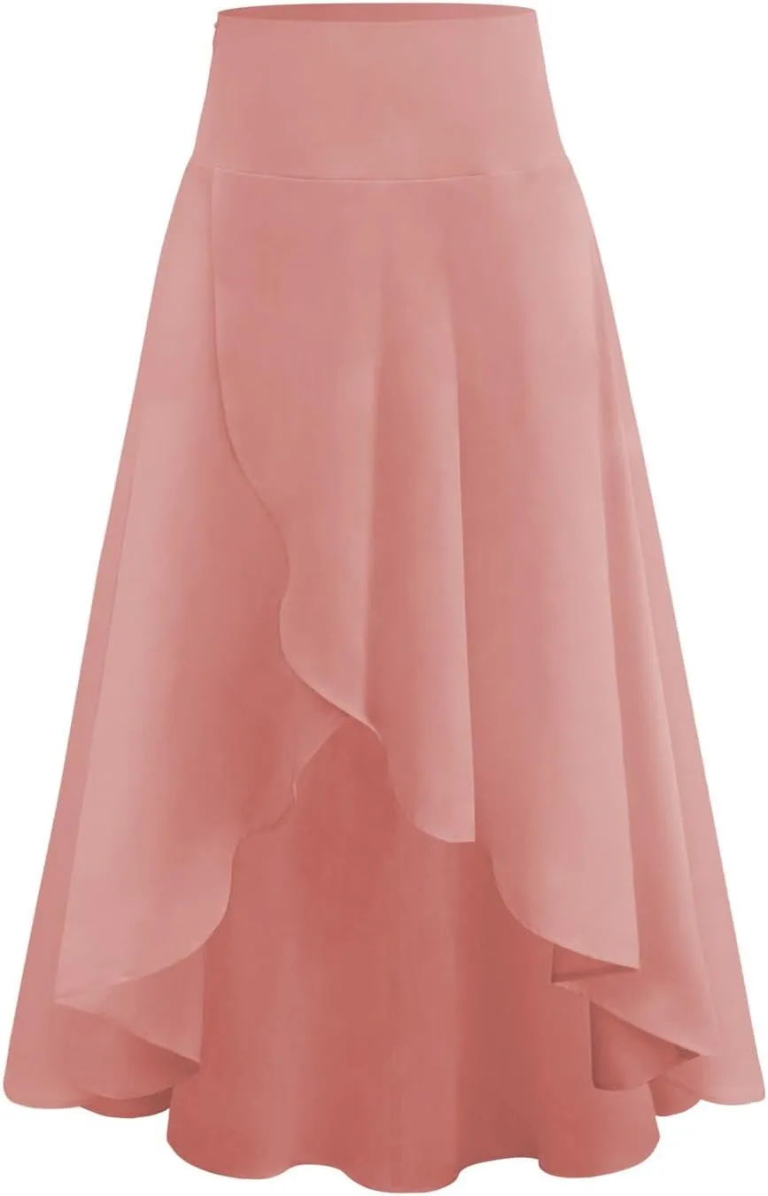 Womens High Wait Flounce Midi Long Skirt, Hem Split A-Line Maxi Skirt