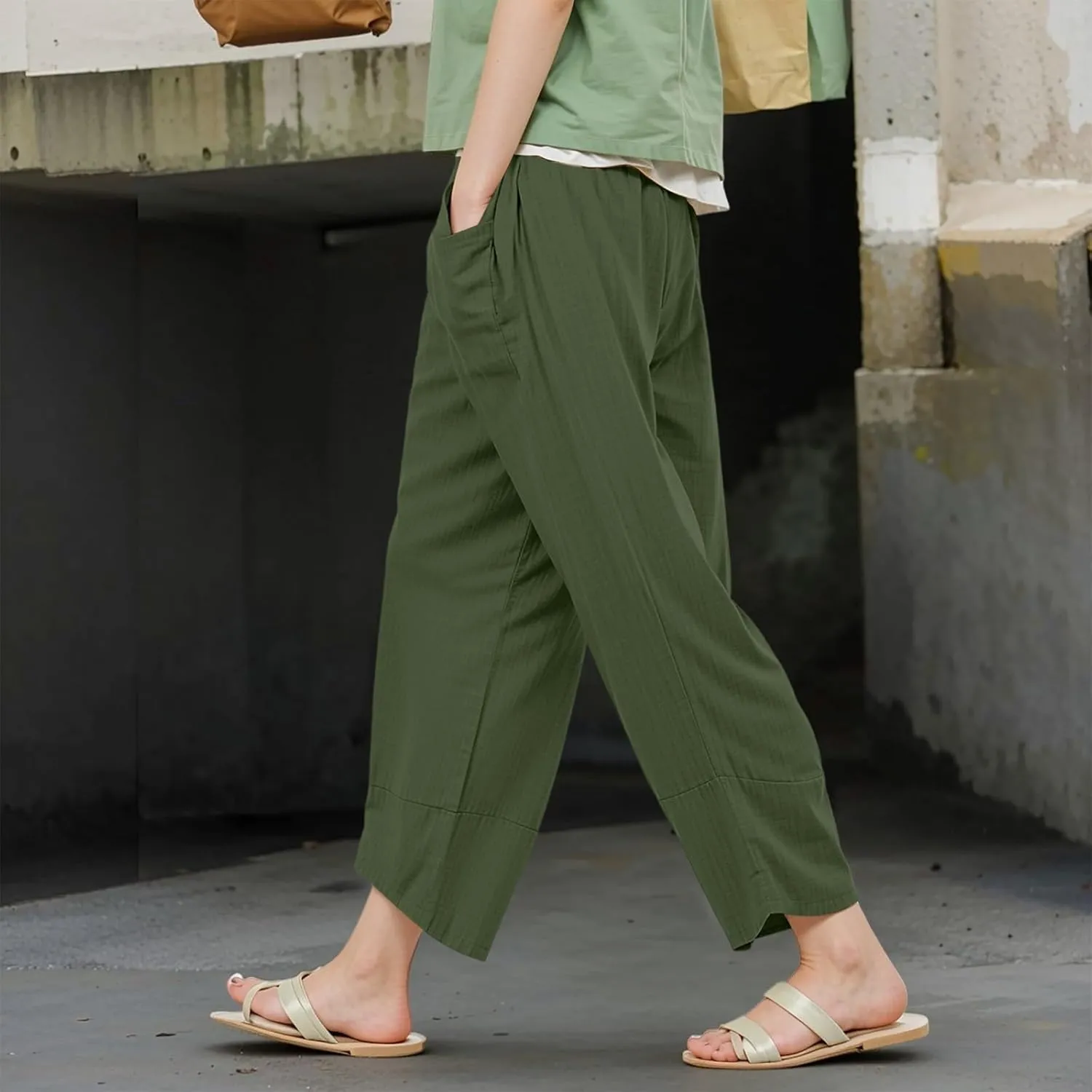 Women's Pants Fashion Baggy Pants Petite Summer Straight Leg Elastic Waist Trousers with Pockets