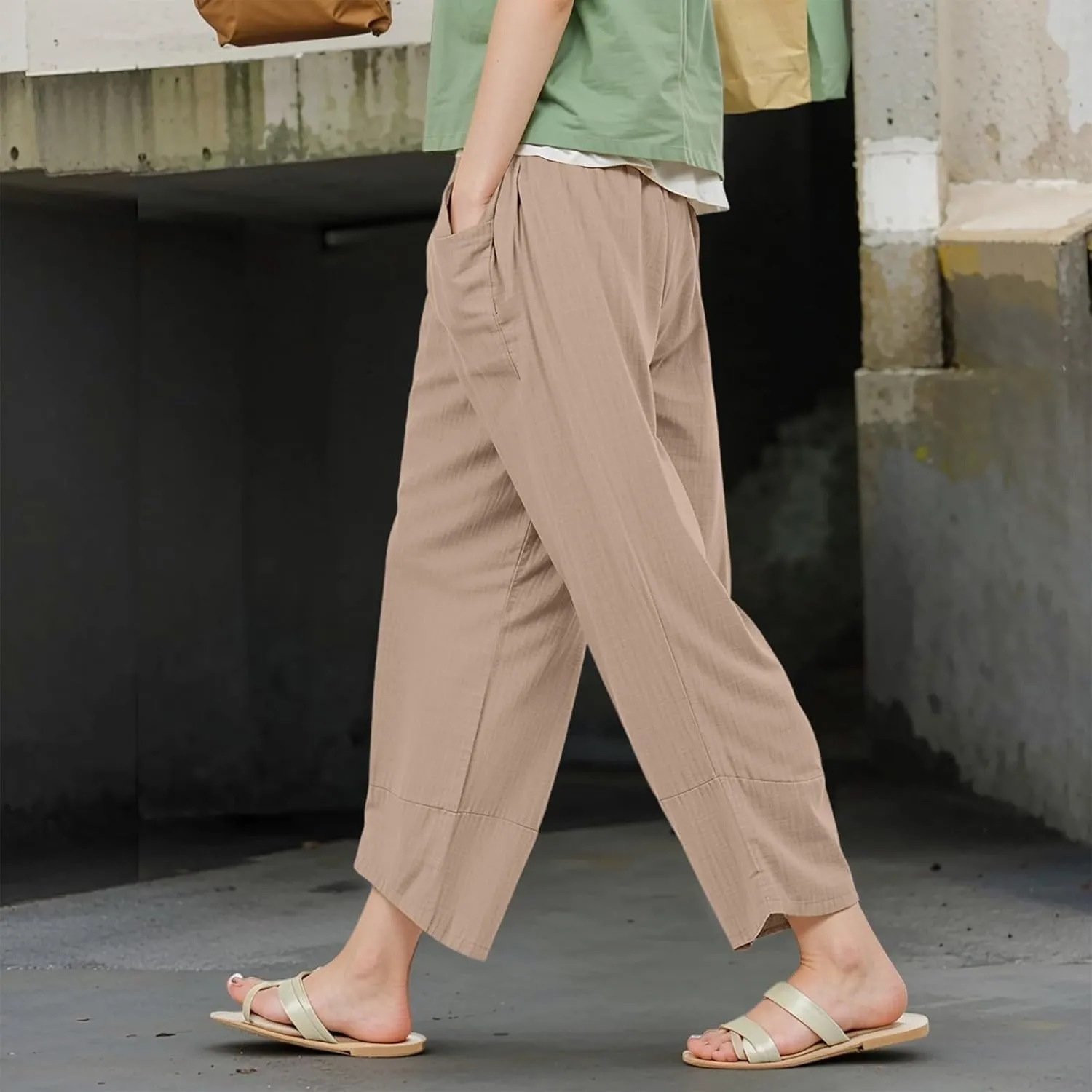 Women's Pants Fashion Baggy Pants Petite Summer Straight Leg Elastic Waist Trousers with Pockets