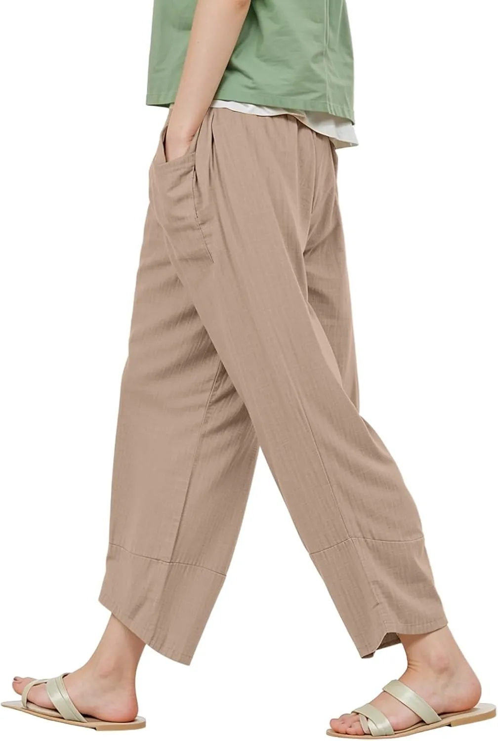 Women's Pants Fashion Baggy Pants Petite Summer Straight Leg Elastic Waist Trousers with Pockets