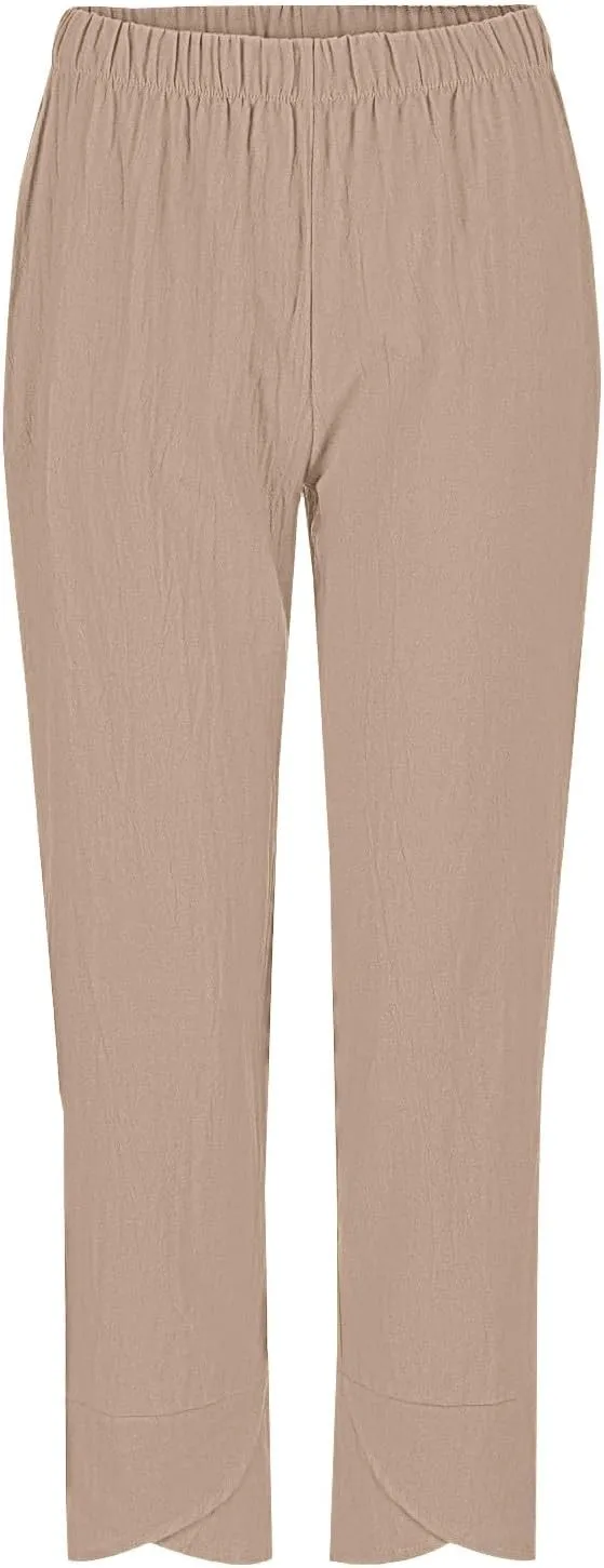 Women's Pants Fashion Baggy Pants Petite Summer Straight Leg Elastic Waist Trousers with Pockets