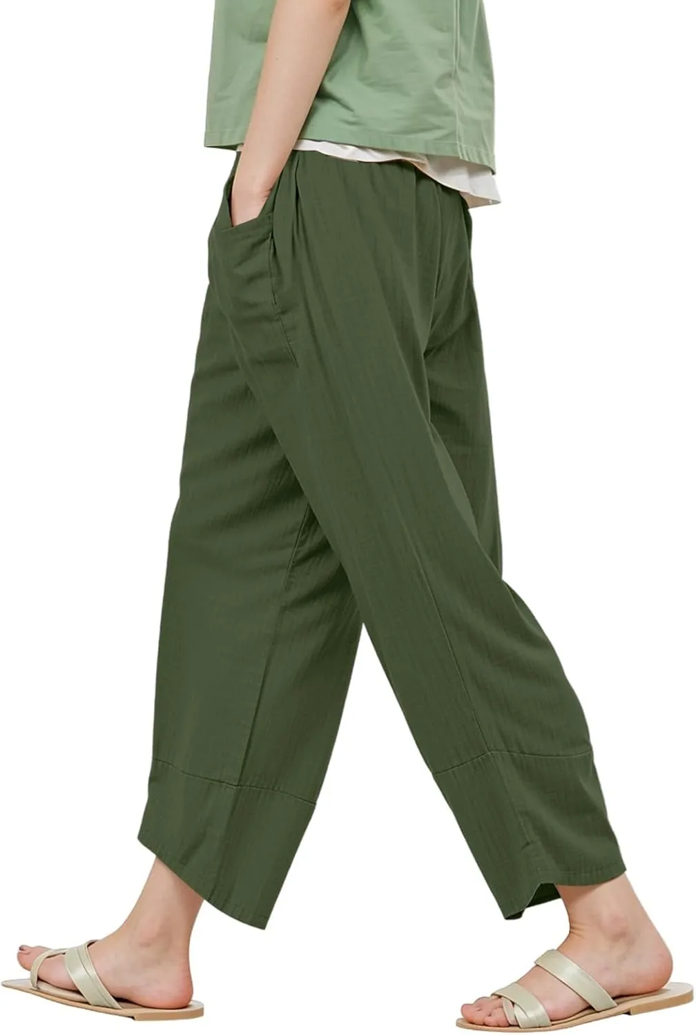 Women's Pants Fashion Baggy Pants Petite Summer Straight Leg Elastic Waist Trousers with Pockets