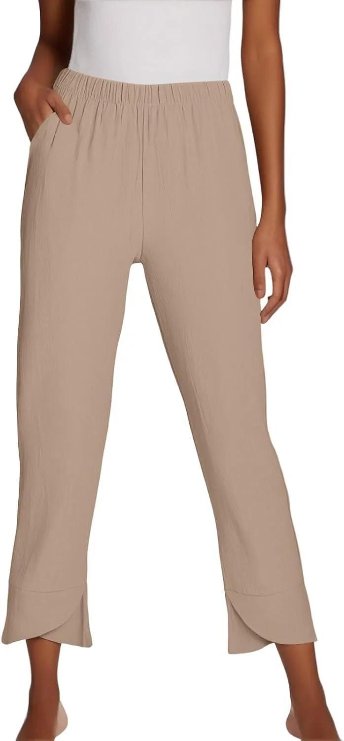 Women's Pants Fashion Baggy Pants Petite Summer Straight Leg Elastic Waist Trousers with Pockets