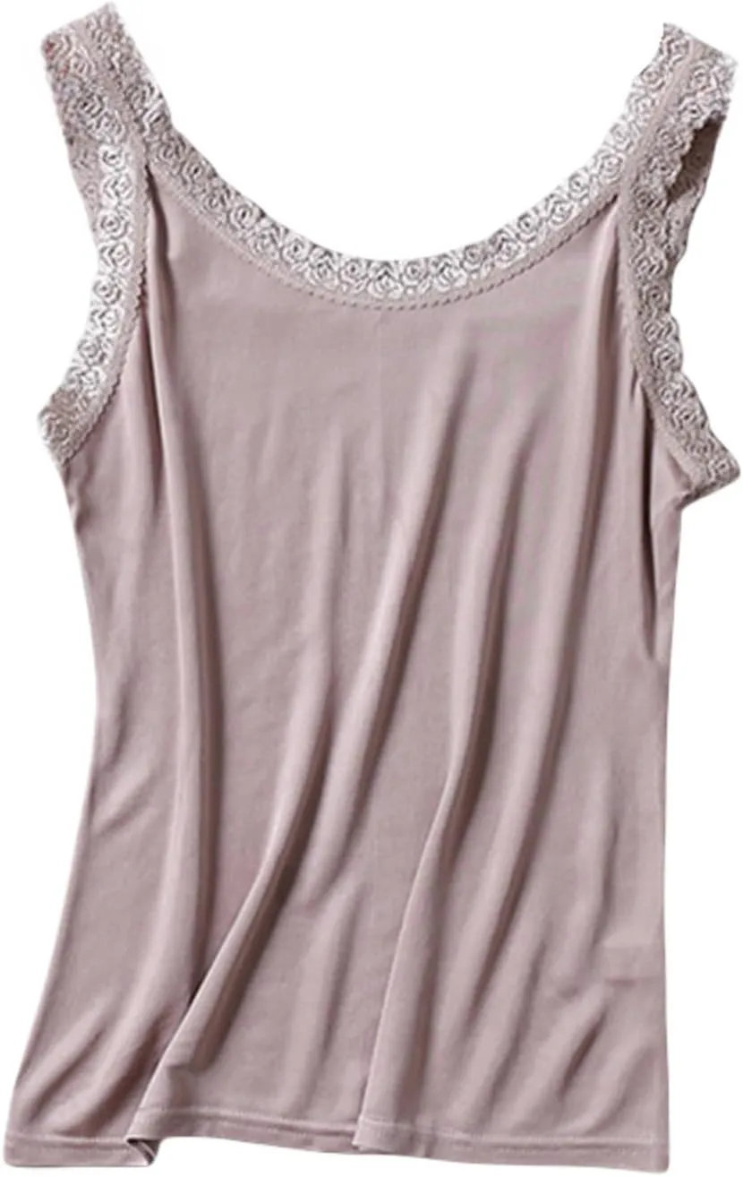Women's Silk Camisole Top with Lace Trim - V-Neck Sleeveless Blouse,Breathable Mulberry Silk,Beach Vacation Outfits